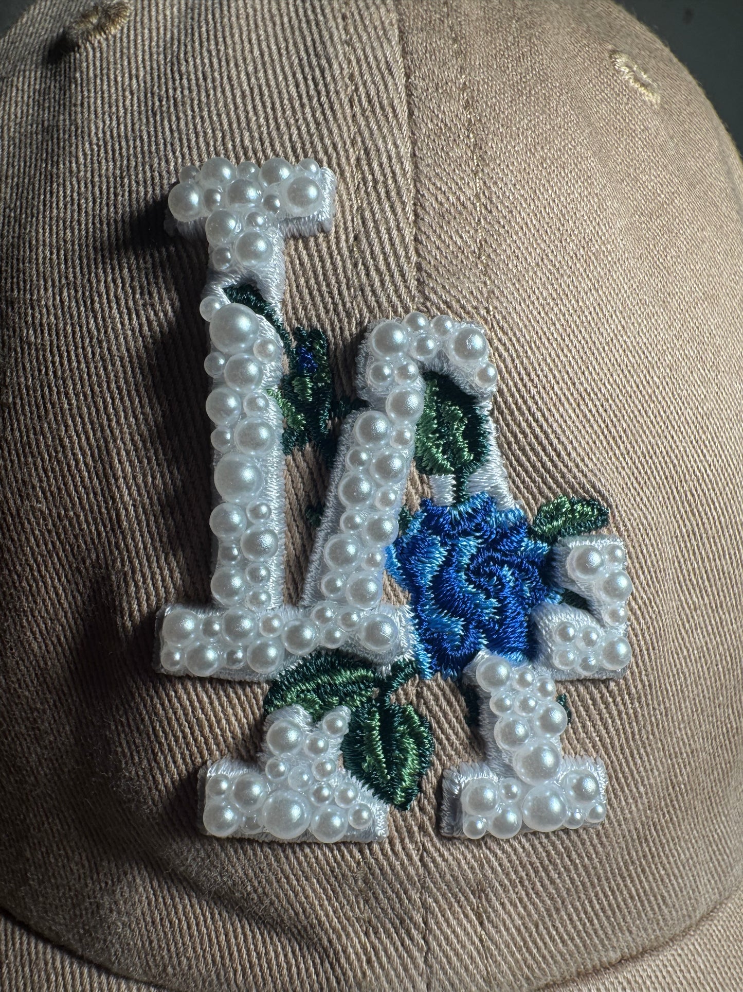 Tan LA Dodgers Cap with Pearl & Floral Embellished Logo